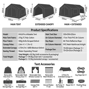 Inflatable Cotton Camping <b>Tent</b> 8+8.8sqm 4 Season Waterproof Oxford Air Column Portable Automatic Assembly 5-6 Person Double JCHS - Product Image 2