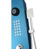Panneau de douche LANO en acier inoxydable brossé bleu avec double poignée, haut-parleur Bluetooth intégré et jets de massage pluie