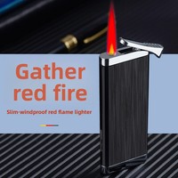 Briquet à essence en gros pour hommes, en métal, coupe-vent, flamme rouge, corps ultra-fin, rechargeable, portable, cadeau d'affaires