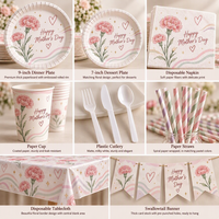 Articles pour la fête des mères : Assiettes, gobelets, serviettes, nappe, bannière décorative à motif de carnations roses, ensembles de vaisselle jetable pour la fête des mères