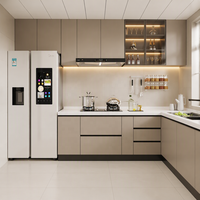 Armoire de cuisine modulaire bicolore blanche avec étagère ouverte à LED, en marbre artificiel, écologique, taille et couleur personnalisables, design moderne