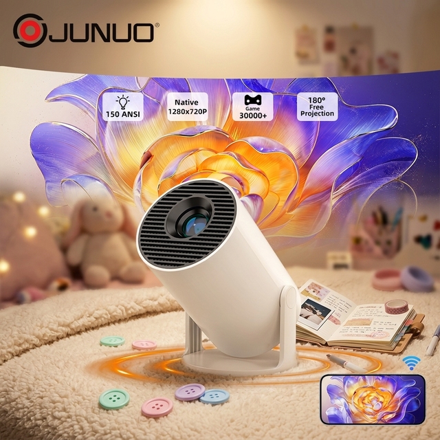 JUNUO G1 Portable Projector 720P 1200 ANSI Lumens Android 11 WiFi Dual Wireless Gamepads Glass Lens Manual Focus