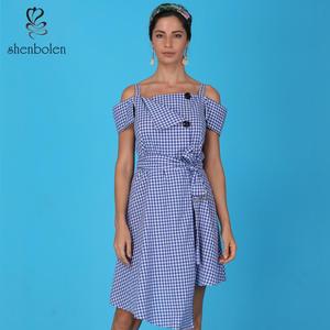 2019 Casual vestido de las mujeres de <span class=keywords><strong>la</strong></span> correa de Espagueti de una pieza a cuadros de mujeres vestido con faja - Product Image 5