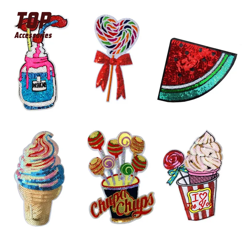 Lollipops Fruit Ice Cream Sequin Patches Iron on Applique for Clothing
