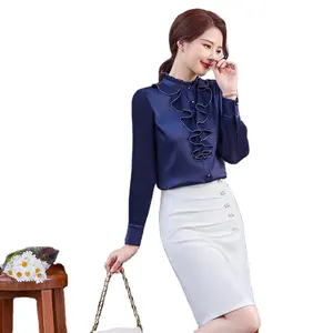 Großhändler Rüschen hemd Frauen Hochwertige Office Lady Arbeits kleidung Volle Ärmel Blaue Bluse OL formelle Loose Style Tops