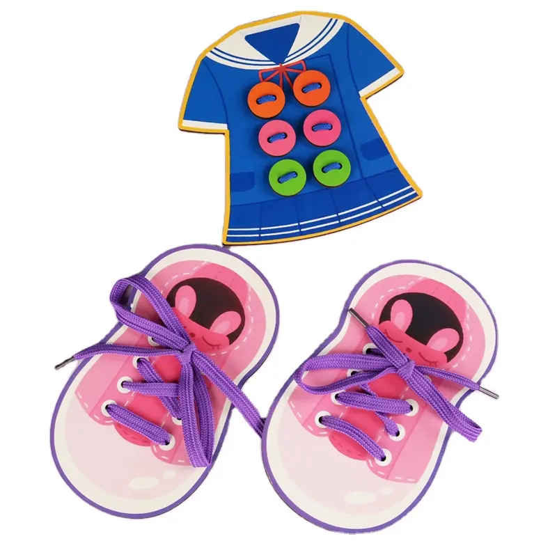 2021 منتج جديد الطفل تعلم اللباس التعليم المبكر لغز خيوط لعبة مونتيسوري خشبية رباط الحذاء أزرار خياطة لعبة