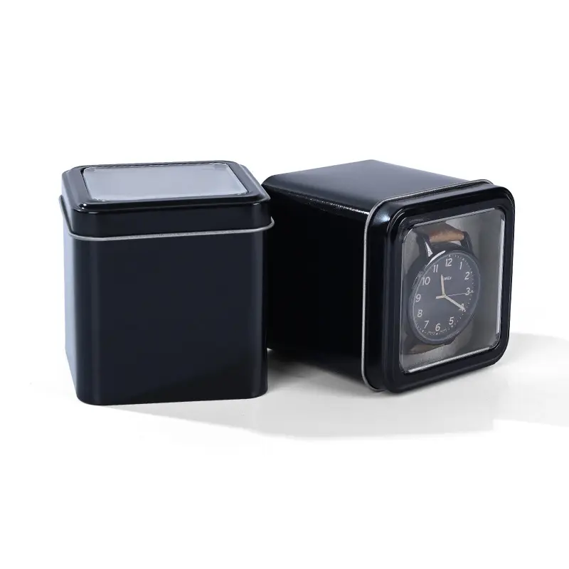 カスタム印刷された薄い金属製の黒い時計ウィンドウディスプレイギフトブリキボックス包装用クッキーフラワーキャンディースイーツチョコレート