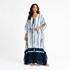 Women Blue Tie Dye Cotton <b>Kaftan</b> Maxi Dress Natural Waist <b>Beach</b> Cover Button Front Party Wear Eco-Friendly Bohemian Robe - Product Image 1