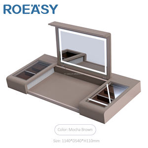 ROEASY Miroir de courtoisie à lumière LED <span class=keywords><strong>avec</strong></span> système de levage AI et <span class=keywords><strong>armoire</strong></span> à bijoux garnie de cuir Mécanisme de panier rétractable - Product Image 4