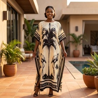 Kaftan ample en polyester crème personnalisé, imprimé palmiers tropicaux et flamants roses, style Abaya africaine musulmane, idéal pour les vacances