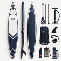 Planche de SUP de course haute performance de 14 pieds en PVC double couche avec système à 3 ailerons, écologique, logo personnalisé, planche à pagaie à glisse rapide pour acheteurs B2B