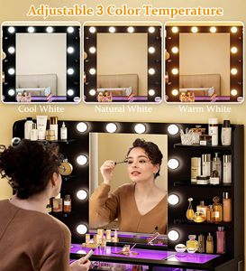 <strong>Black</strong> <strong>Vanity</strong> Desk Makeup <strong>Table</strong> with Mirror and Lights Transparent Top with 3 RGB Drawers 6 Shelves 2 Cabinets Power Outlet - Product Image 5