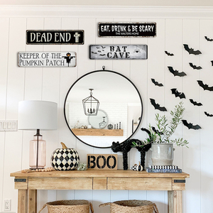 Décoration murale graphique effrayante <span class=keywords><strong>pour</strong></span> Halloween : long panneau métallique avec motifs <span class=keywords><strong>pierre</strong></span> <span class=keywords><strong>tombale</strong></span>, chauve-souris, araignée et épouvantail - Product Image 5