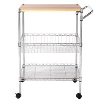 Carrito de Cocina Rodante de 3 Niveles, Metálico Cromado, con Tablero de MDF