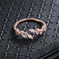 Anillos de Dedo Personalizados de Zirconia de Alta Calidad, Elegantes, Coreanos, Minimalistas, con Forma de Hoja de Cobre, Chapados en Oro, para Mujer
