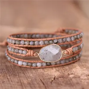 New Boho Grey Labradorite Leather Wrap Bracelet Natural Stone Handmade 3 Strands Beads Cord Bracelet Unisex Jewelry Dropshipping