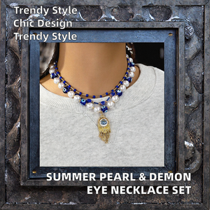 Collier pendentif vintage en alliage de zinc et céramique avec imitation de perle, œil de démon nocturne, serti multi-couches, pour anniversaire - Product Image 2