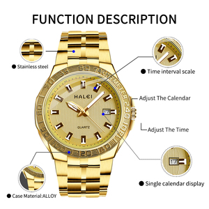 Livraison directe HALEI Nouvelle montre à quartz, bracelet en acier inoxydable noir et or, affichage analogique de la date, étanche 3BAR, mouvement japonais - Product Image 4
