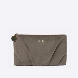 Grey Polyester Velvet Pleated Cosmetic Bag with Custom Gold Foil Logo and Gold-Tone Zipper for Daily & Travel Beauty Storage - Product Image 1
