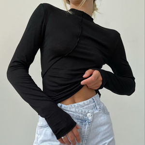 Enyami automne printemps Y2K mode tricoté Viscose à manches longues t-shirt femme O cou Colorline conception mince décontracté haut pour femme - Product Image 2