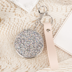 Bling Rhinestone Round <b>Compact</b> <b>Mirror</b> Keychain Leather Strap Silver Electroplated Dual Sided HD Glass Pocket <b>Mirror</b> Gift - Product Image 4