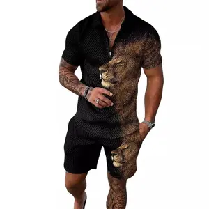 Custom Pattern 2024 Men's new casual color contrast short sleeve lapel zip collar with shorts two-piece set