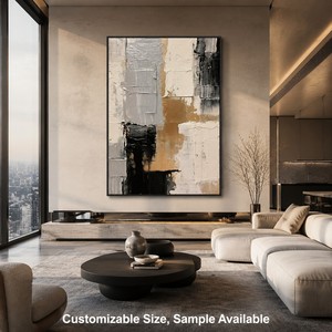 Grande Quadro Astratto Contemporaneo Beige Dipinto a Mano su Tela con Cornice per Arredamento Soggiorno Direttamente dalla Fabbrica - Product Image 1
