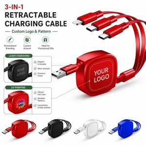 Câble USB 3-en-1 promotionnel personnalisé avec logo, chargeur portable télescopique multi-prises avec boîte rétractable pour la vente en gros - Product Image 4