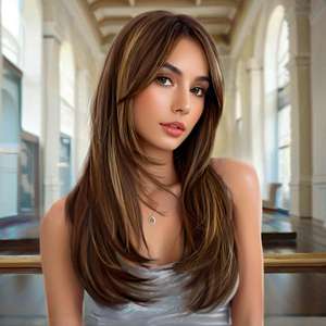 Perruque pour femme de style européen et américain, marron doré dégradé, <span class=keywords><strong>cheveux</strong></span> longs bouclés, élégante, volumineuse, boucles en forme de fleur de poire - Product Image 1