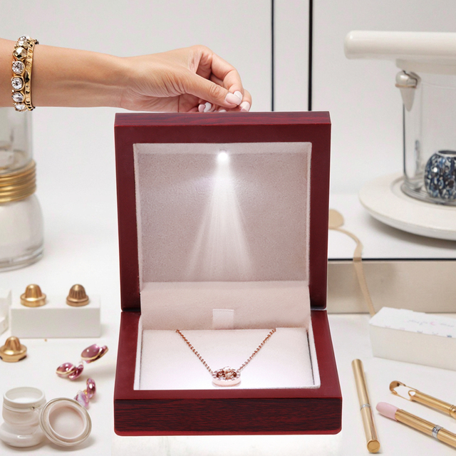 Glossy Lacquer Wood Grain MDF Rectangle Luxury LED Light Wooden Pendant Jewelry Box with Velvet Installation