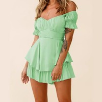 Mono de chifón con hombros descubiertos, manga farol, color liso, informal, para verano 2026 - ¡Gran oferta!