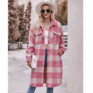 Winter Long Coat Jacket Women's New Pocket Plaid Long Coat Loose Mohair Long Plaid Coat Pink