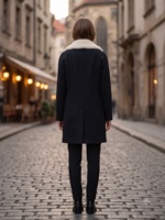 Manteau d'hiver pour femme en mélange de laine, mi-long, fermeture éclair asymétrique, col en fausse fourrure sherpa, veste noire, vêtement d'extérieur