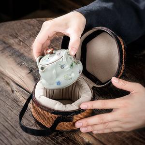 Bamboo Woven Teapot <b>Storage</b> Bag With <b>Cushioned</b> Interior For Portable Tea Travel Use - Product Image 2