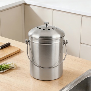 Cylindrical Storage Bucket for Indoor Use Stainless Steel <b>Kitchen</b> <b>Compost</b> <b>Bin</b> with Lid and Handle - Product Image 3