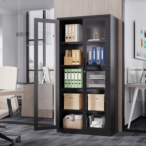 ארון אחסון מתכת ארון קוריו עם דלתות זכוכית, מדפים מתכווננים לסלון, בית ספר, מסחרי, שחור - Product Image 4