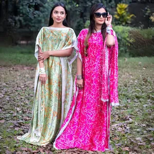 Vestidos de caftans muçulmanos de seda para mulheres, vestidos de caftans de seda soltos de estilo étnico africano com lenço, designer de luxo por atacado