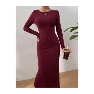 Robe crayon bordeaux à col rond pour femme, tissu corset, longueur 125 cm, tenue décontractée - Product Image 1