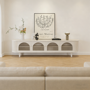 Meuble TV moderne blanc <span class=keywords><strong>2026</strong></span> avec portes en verre cintrées, <span class=keywords><strong>console</strong></span> multimédia style crème français pour salon, tables TV - Product Image 4