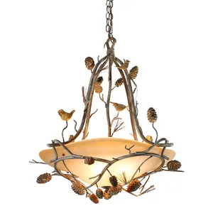 Vintage stil kapalı dekoratif yuvarlak kolye ışık kuş avize çam kozalağı asılı lamba