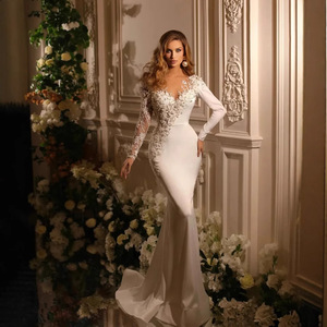NDB10860 Robe de Mariée Épaules Dénudées Décolleté en V Profond Manches Longues Sirène Traîne Amovible <span class=keywords><strong>Ensemble</strong></span> Deux Pièces Tissu Satiné Élégance Française - Product Image 4