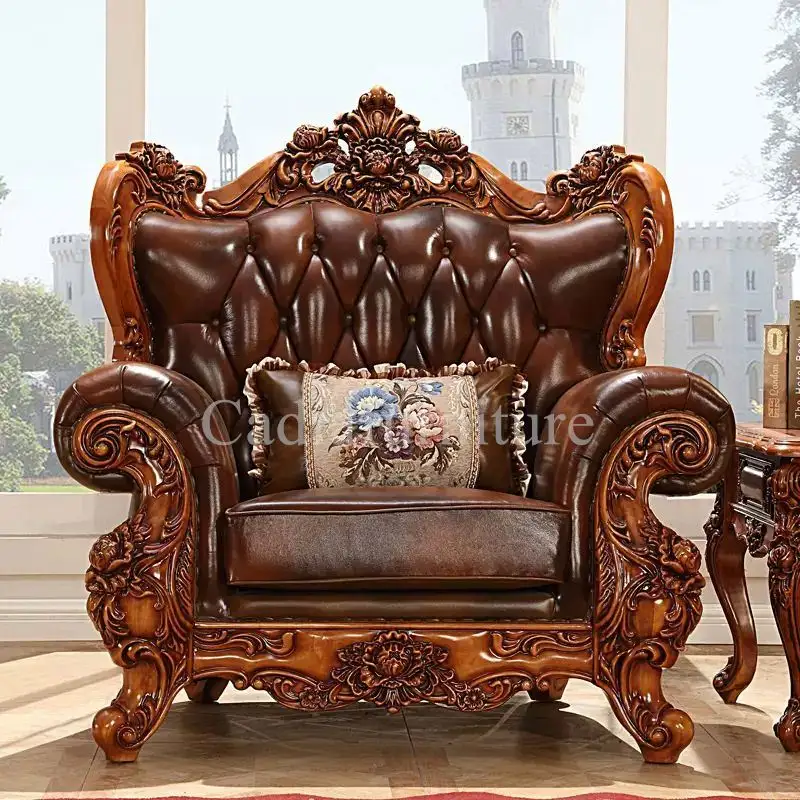 Canapé en cuir véritable de style européen 123 combinaison bois massif sculpté grande villa de luxe toute la maison meubles américains