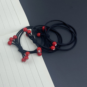 Élastique à cheveux rouge perlé 3 en 1 à haute élasticité avec incrustation de strass, style coréen, pour queue de cheval épaisse, pour femmes, usage quotidien - Product Image 4