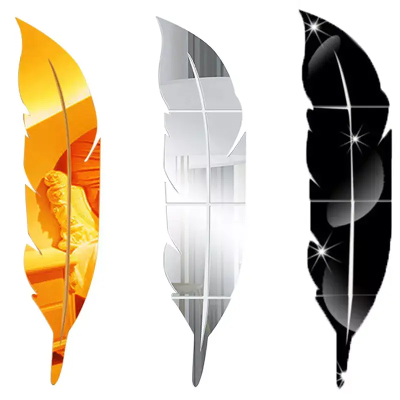 Nuoxin Wholesale Acrylic Material Bedroom Home Decoration 3D Plume Mirror Feather Wall Sticker With Black Gold Silver