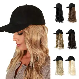 בייסבול כובע עם תוספות שיער לנשים מתכוונן כובע עם סינטטי פאה מצורף 20 אינץ ארוך גלי שיער שחור בייסבול כובע