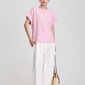 T-shirt d'été à col rond pour <span class=keywords><strong>femme</strong></span> Tops à <span class=keywords><strong>manches</strong></span> <span class=keywords><strong>courtes</strong></span> rayés - Product Image 6