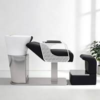 Nouveau style de fauteuil de lavage semi-allongé pour salon de coiffure, en acier inoxydable et céramique, avec bac profond, repose-pieds réglable et éponge haute densité