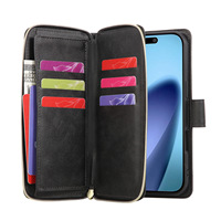 Étui portefeuille à fermeture éclair avec neuf emplacements pour cartes pour iPhone 18 Pro Max, en cuir PU, avec rabat, sangle détachable, fenêtre pour carte d'identité et support intégré
