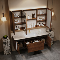 Meja rias kamar mandi ganda model floating dari kayu solid vintage Prancis dengan atasan marmer alami dan kabinet cermin LED pintar