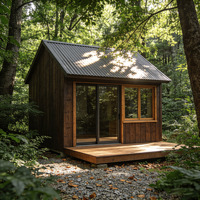 Cabaña de Madera Prefabricada con Vista al Bosque y Grandes Puertas Corredizas de Vidrio, Casa Modular Ecológica para Glamping y Retiro en el Patio Trasero